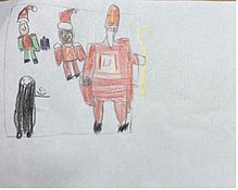 Auf dem Bild sind der Weihnachtsmann und der Nikolaus zu sehen, die mit den Wichteln spielen.