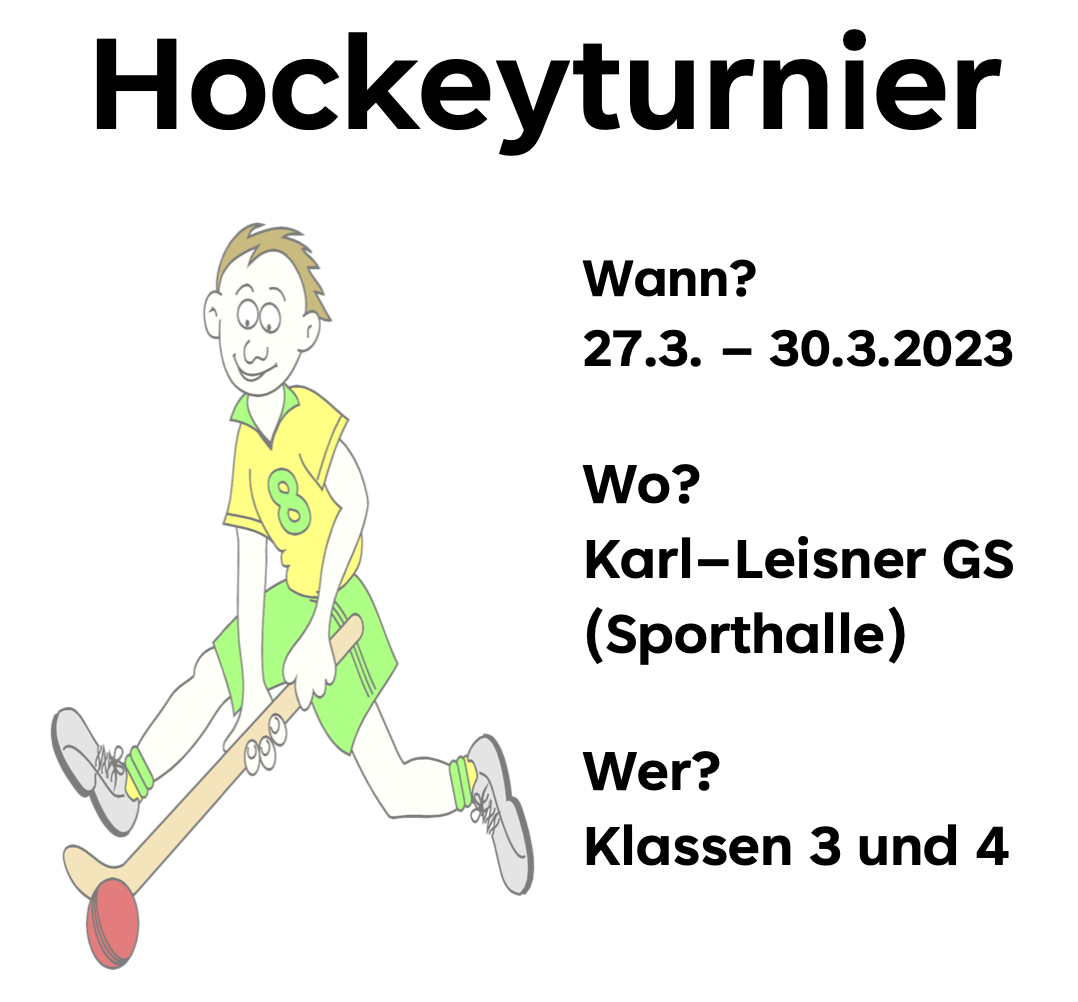 Plakat zur Einladung zum Hockeyturnier 27.-31.3.2023 in der Sporthalle der Karl-Leisner-Grundschule