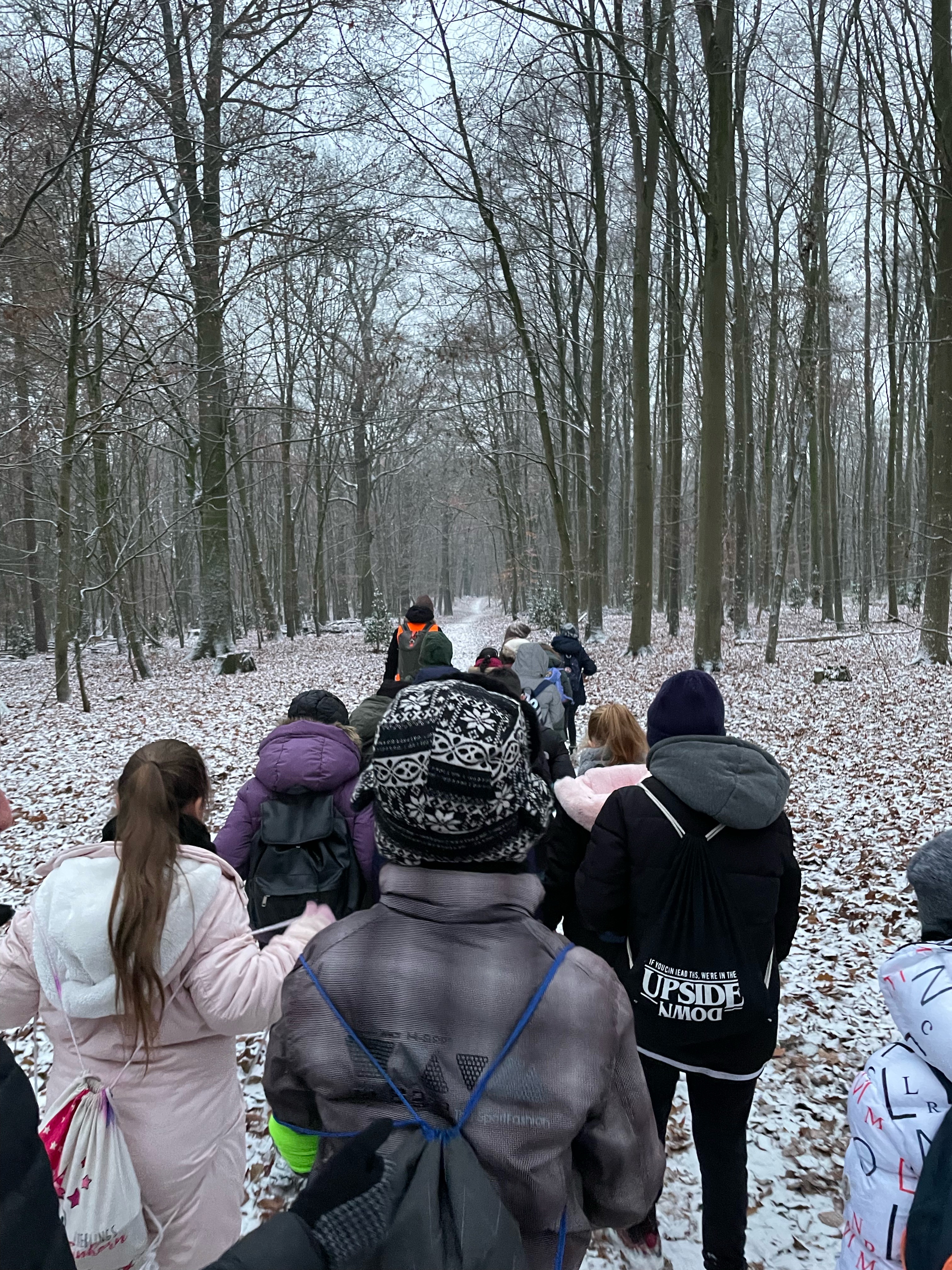 Auf dem Bild sieht man eine 2-er-Reihe von Kindern, die warm verpackt durch einen leicht verschneiten Wald zum Theater laufen. 